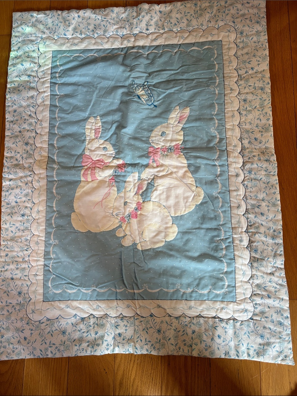 Vintage quilted baby blanket bunnies and butterfly